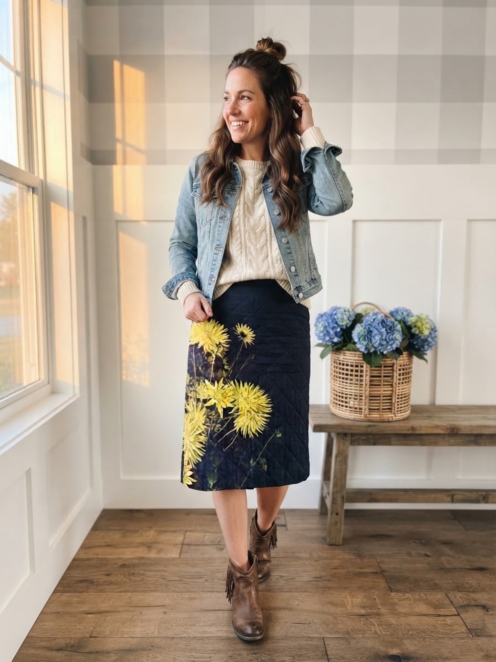 Dries Van Noten Navy Midi Skirt with Yellow Floral Print 8